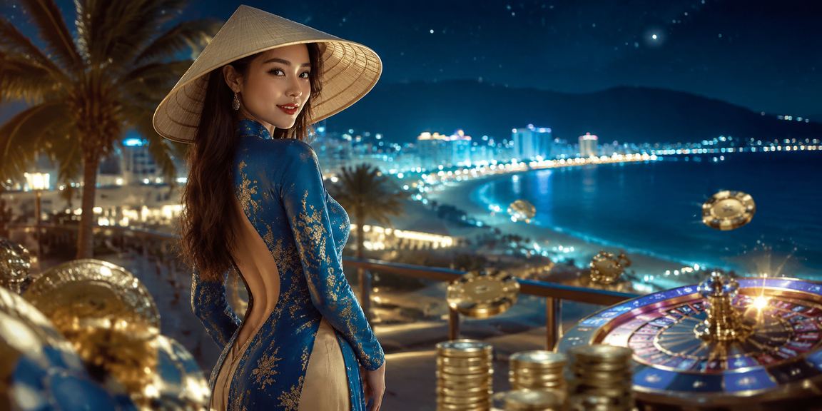 Cô gái mặc áo dài Đà Nẵng thư giãn với điện thoại và tham gia casino trực tuyến buổi tối