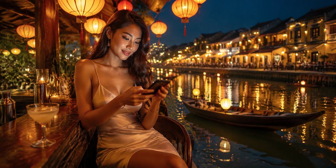 Người dùng tra cứu FAQ liwin trên điện thoại tại quán cà phê Hội An